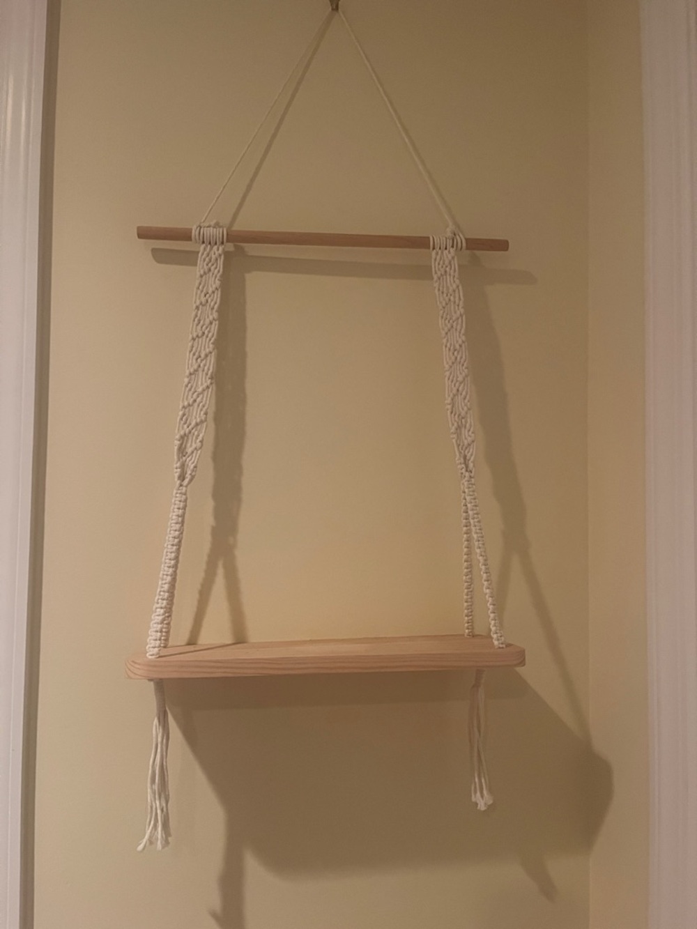Natural Wood Hanging Shelf with Cream Macramé Cords